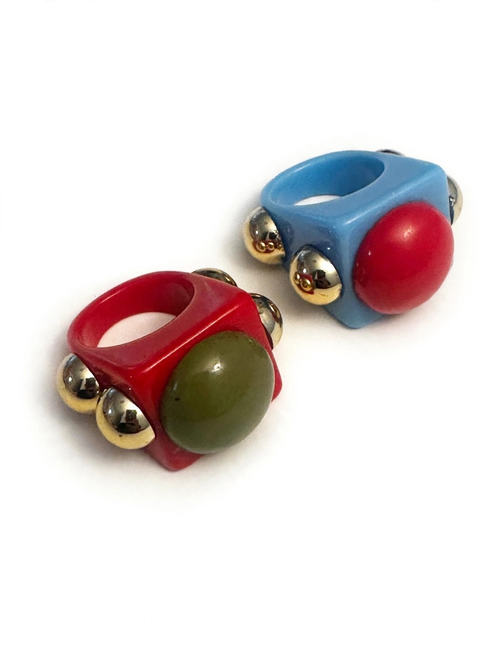 Retro Colorful Resin Play Rings with Gold Accent Beads - Red & Blue